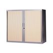 Armoire basse à rideaux - L120  x H105 x P43 cm - 2 tablettes - corps silver / porte chêne clair