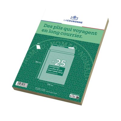 3240180230683-La Couronne - 25 Pochettes kraft armé à soufflets - 280 x 360x30 mm - 130 gr - sans fenêtre - bande --0