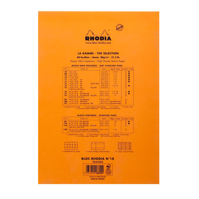 3030920186000-Rhodia - Bloc notes N°18 - A4 - 160 pages - ligné avec marge - 80g-P_18600_3-2