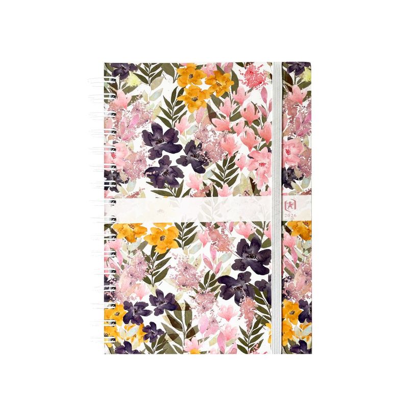 3147280123597-Agenda spiralé à élastique Flowers - 1 semaine sur 2 pages - 15 x 21 cm - rose - Oxford--0