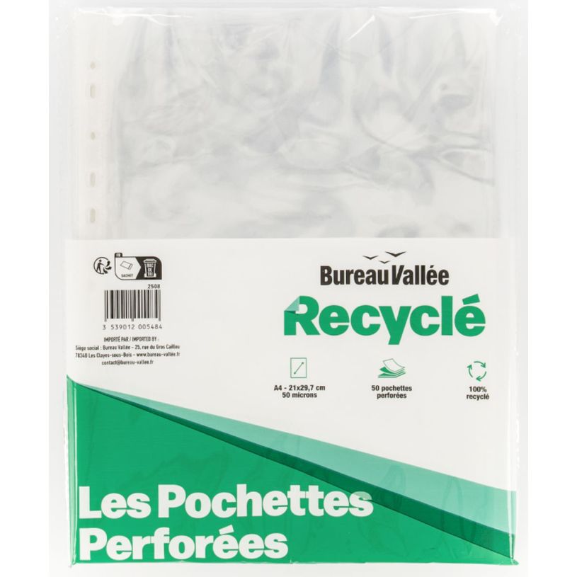 3539012005484-Lot de 50 Pochettes Perforées A4 Polypropylène 100% Recyclé - Lisses 5/100 - Bureau Val-P_405235183_1-0