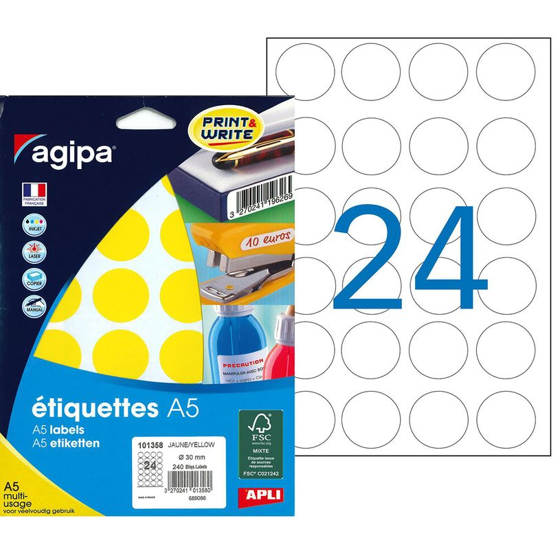 3270241013580-Apli Agipa - Etui A5 - 240 Pastilles adhésives - jaune multi-usages - diamètre 30 mm - r